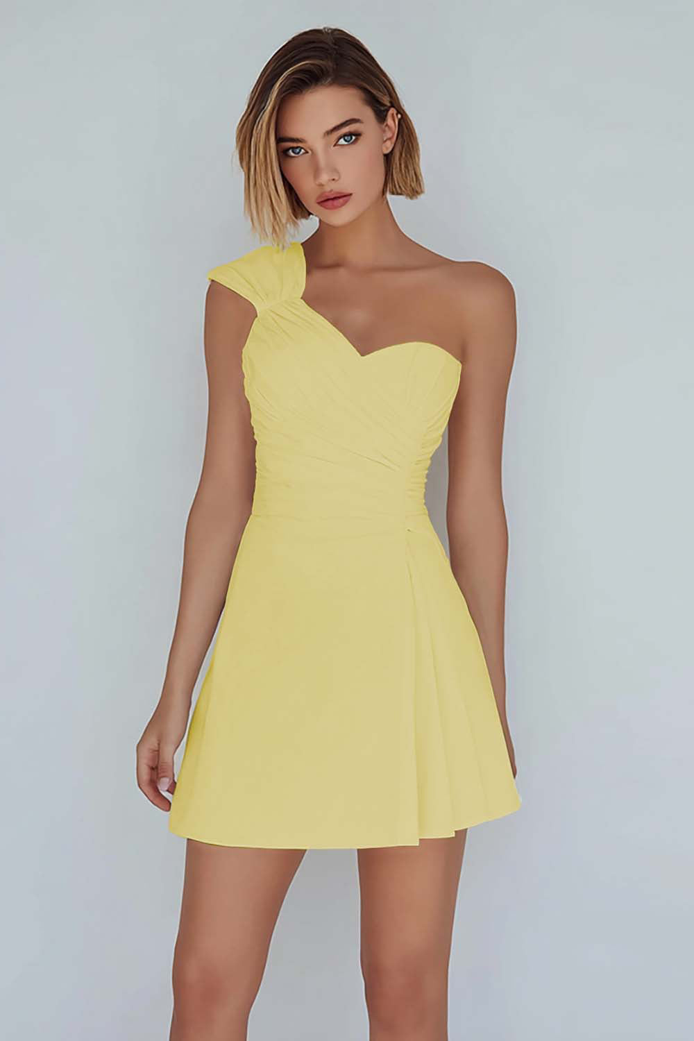 Zapakasa Women Ivory Satin Ruched Short A-Line Graduation Dress One Shoulder Little White Dress Zapakasa Women Ivory Satin Ruched Short A-Line Graduation Dress One Shoulder Little White Dress
