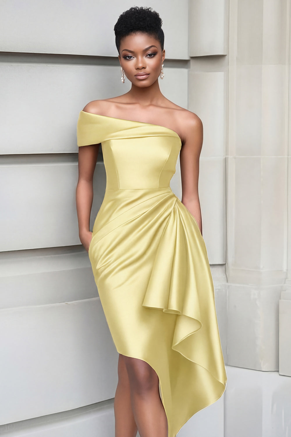 Ruffled One Shoulder Tight Burgundy Knee Length Gala Dress