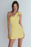 Ivory One Shoulder Satin Ruched Short Tight Graduation Dress with Bow