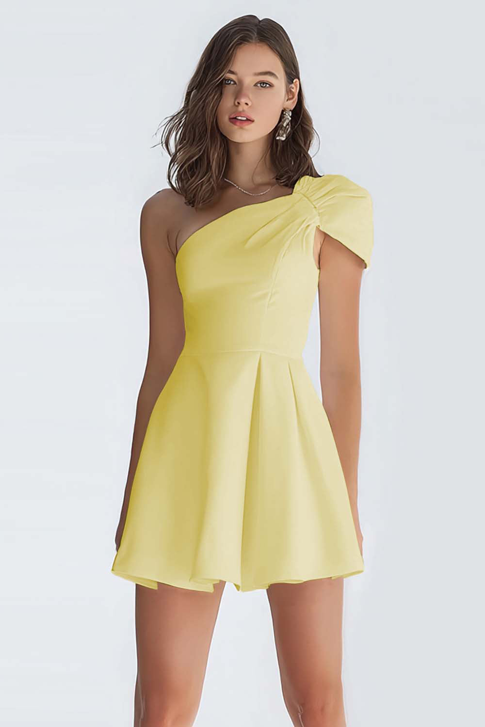 Zapakasa Women Simple Ivory Satin Short A-Line Graduation Dress One Shoulder Little White Dress Zapakasa Women Simple Ivory Satin Short A-Line Graduation Dress One Shoulder Little White Dress
