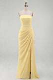 Light Pink Sheath Ruched Long Prom Dress with Slit