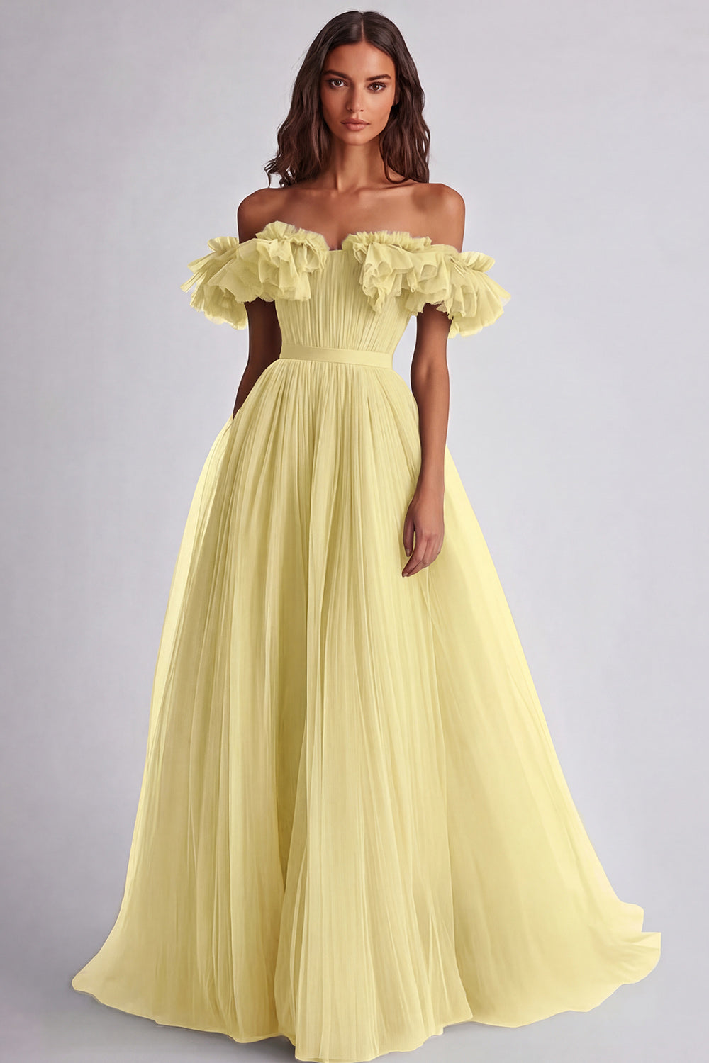 A Line Dusty Sage Off the Shoulder Long Wedding Guest Dress with Ruffles