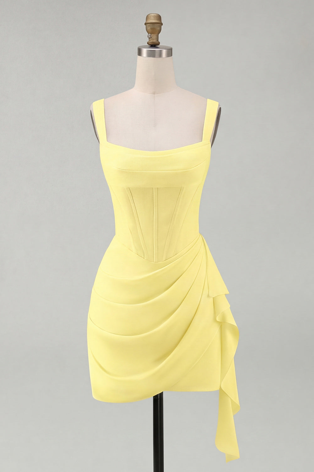 Ivory Ruched Thick Straps Short Corset Graduation Dress with Ruffles