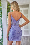 Spaghetti Straps Bodycon Blue Short Homecoming Dress with Appliques