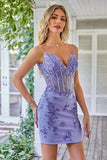 Spaghetti Straps Bodycon Purple Short Homecoming Dress with Appliques