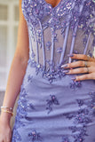 Spaghetti Straps Bodycon Purple Short Homecoming Dress with Appliques