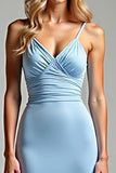 Simple Sky Blue Sheath Satin Spaghetti Straps Long Prom Dress