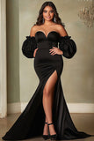 Black Satin Sweetheart Mermaid Plus Size Prom Dress with Slit