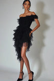 Black Tulle Bodycon Off the Shoulder Short Cocktail Dress with Ruffles