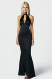 Black Satin Mermaid Keyhole High-Neck Long Formal Dress