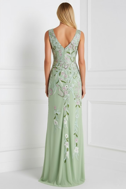 Floral Light Green Sheath V-Neck Appliqued Long Prom Dress