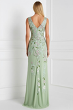 Floral Light Green Sheath V-Neck Appliqued Long Prom Dress