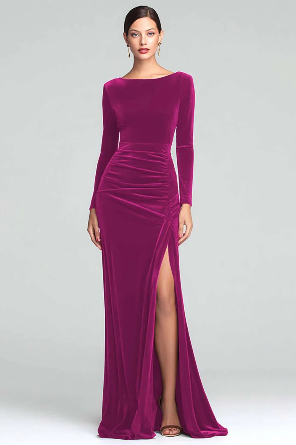 Zapakasa Women Burgundy Velvet Long Sleeves Holiday Party Dress Mermaid Boat Neck Ruched Formal Dress Zapakasa Women Burgundy Velvet Long Sleeves Holiday Party Dress Mermaid Boat Neck Ruched Formal Dress