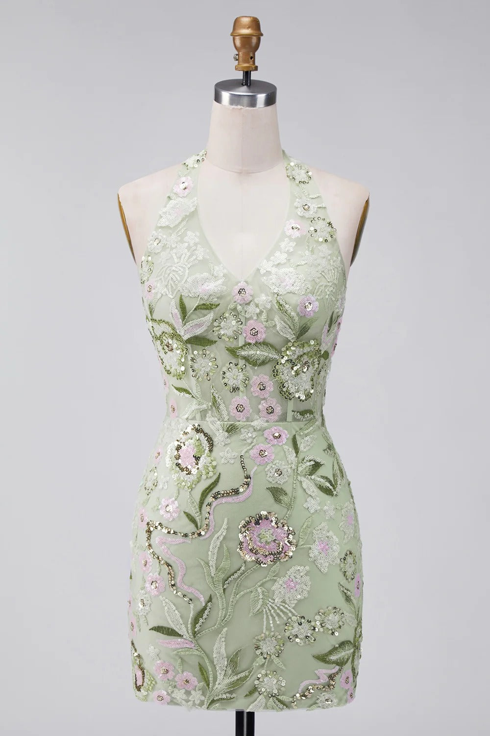 Sage Green Floral Tight Short Corset Halter Homecoming Dress