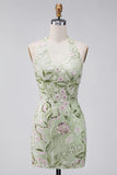 Sage Green Floral Tight Short Corset Halter Homecoming Dress