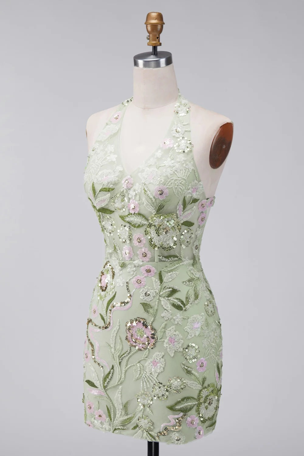 Sage Green Floral Tight Short Corset Halter Homecoming Dress