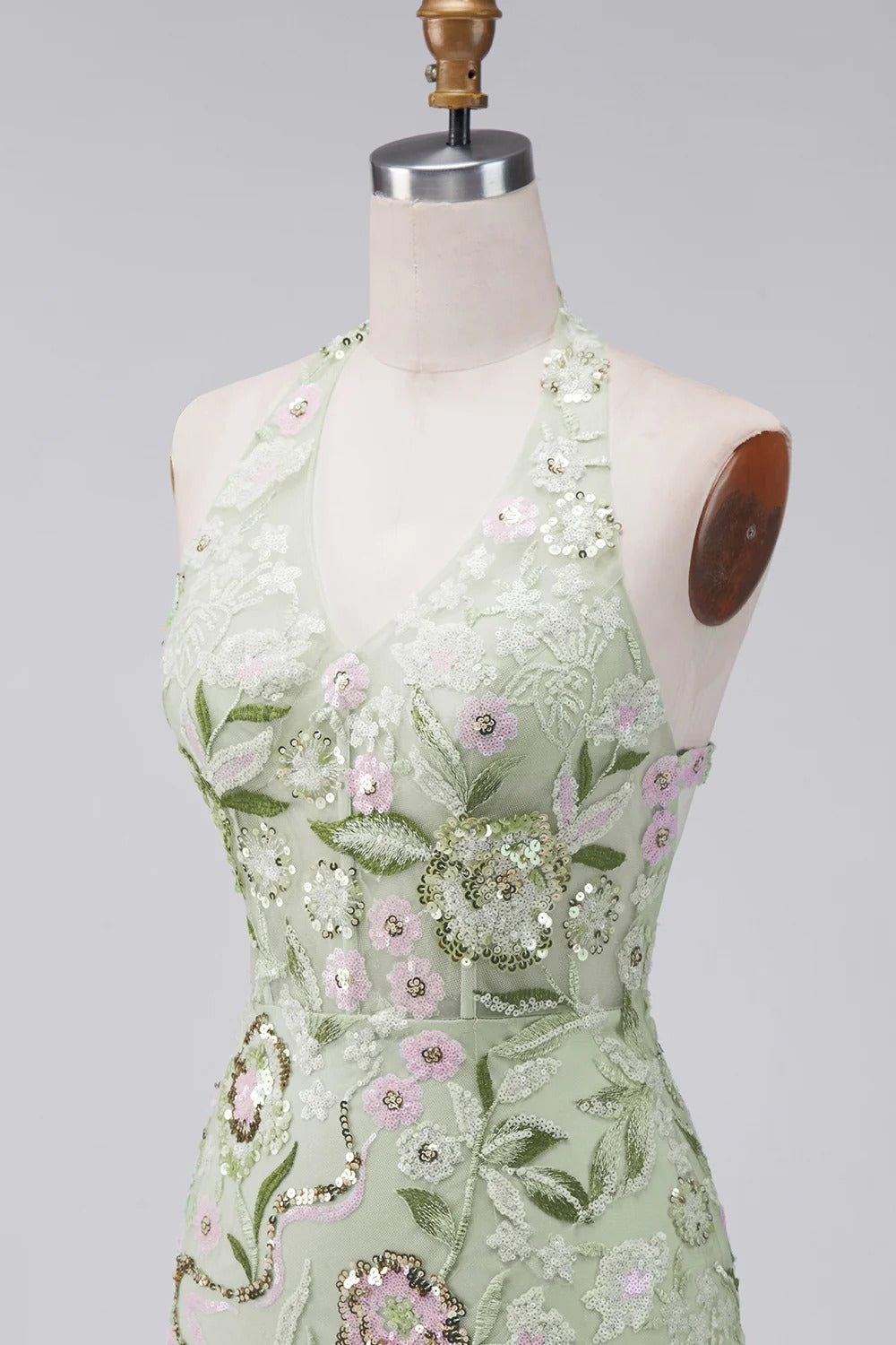 Sage Green Floral Tight Short Corset Halter Homecoming Dress