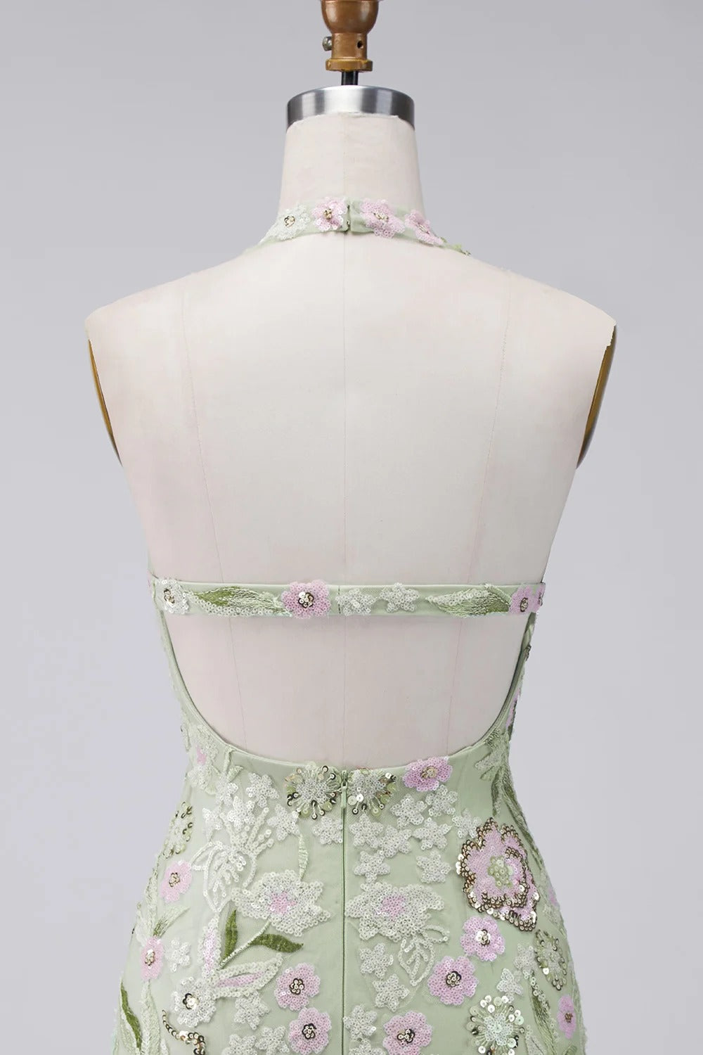 Sage Green Floral Tight Short Corset Halter Homecoming Dress