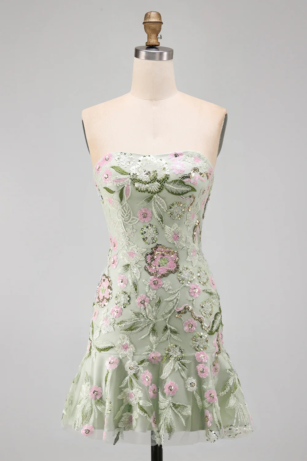 Sage Green Floral Short Strapless Homecoming Dress with Ruffles