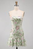 Sage Green Floral Short Strapless Homecoming Dress with Ruffles