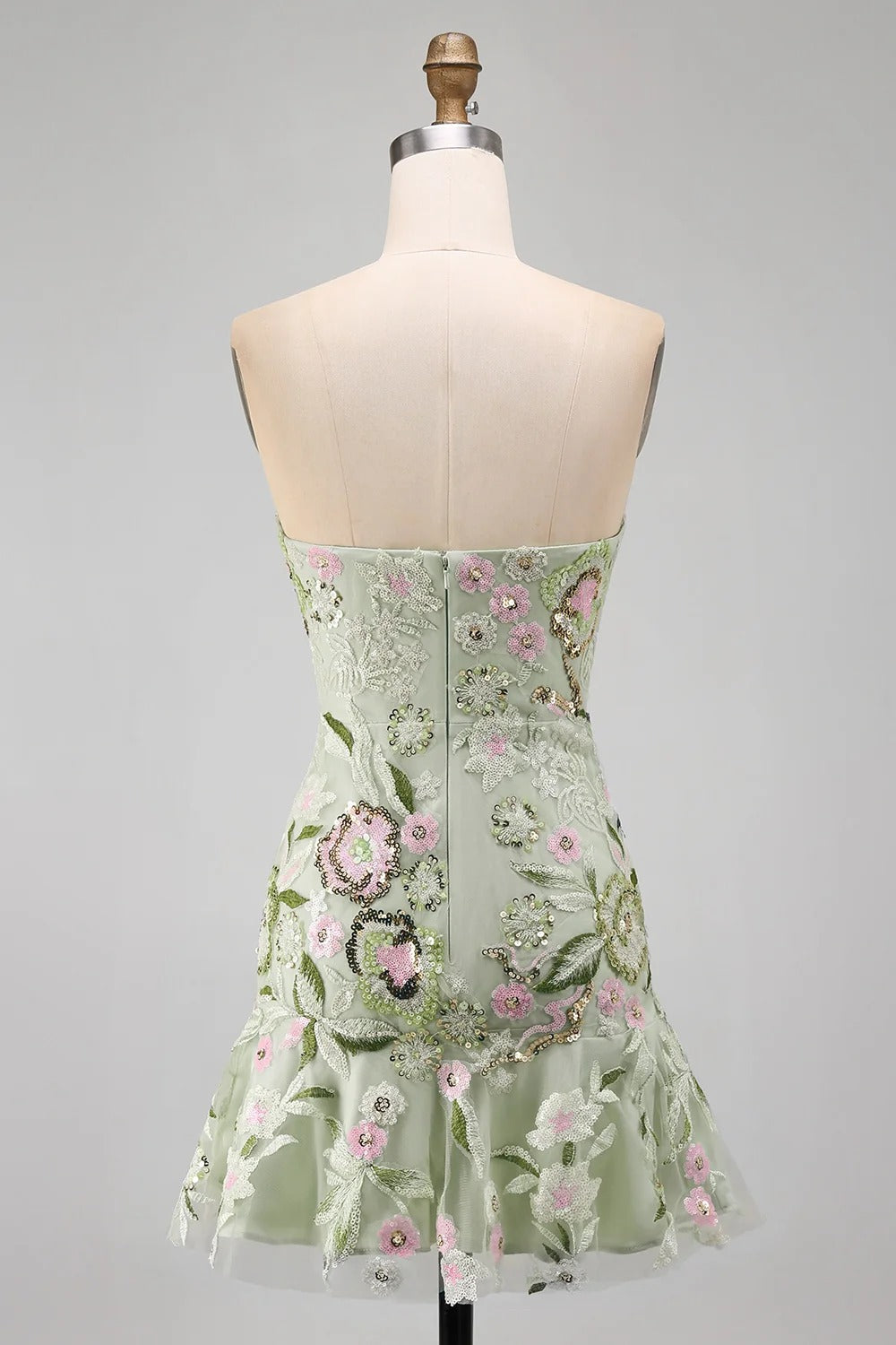 Sage Green Floral Short Strapless Homecoming Dress with Ruffles