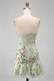 Sage Green Floral Short Strapless Homecoming Dress with Ruffles