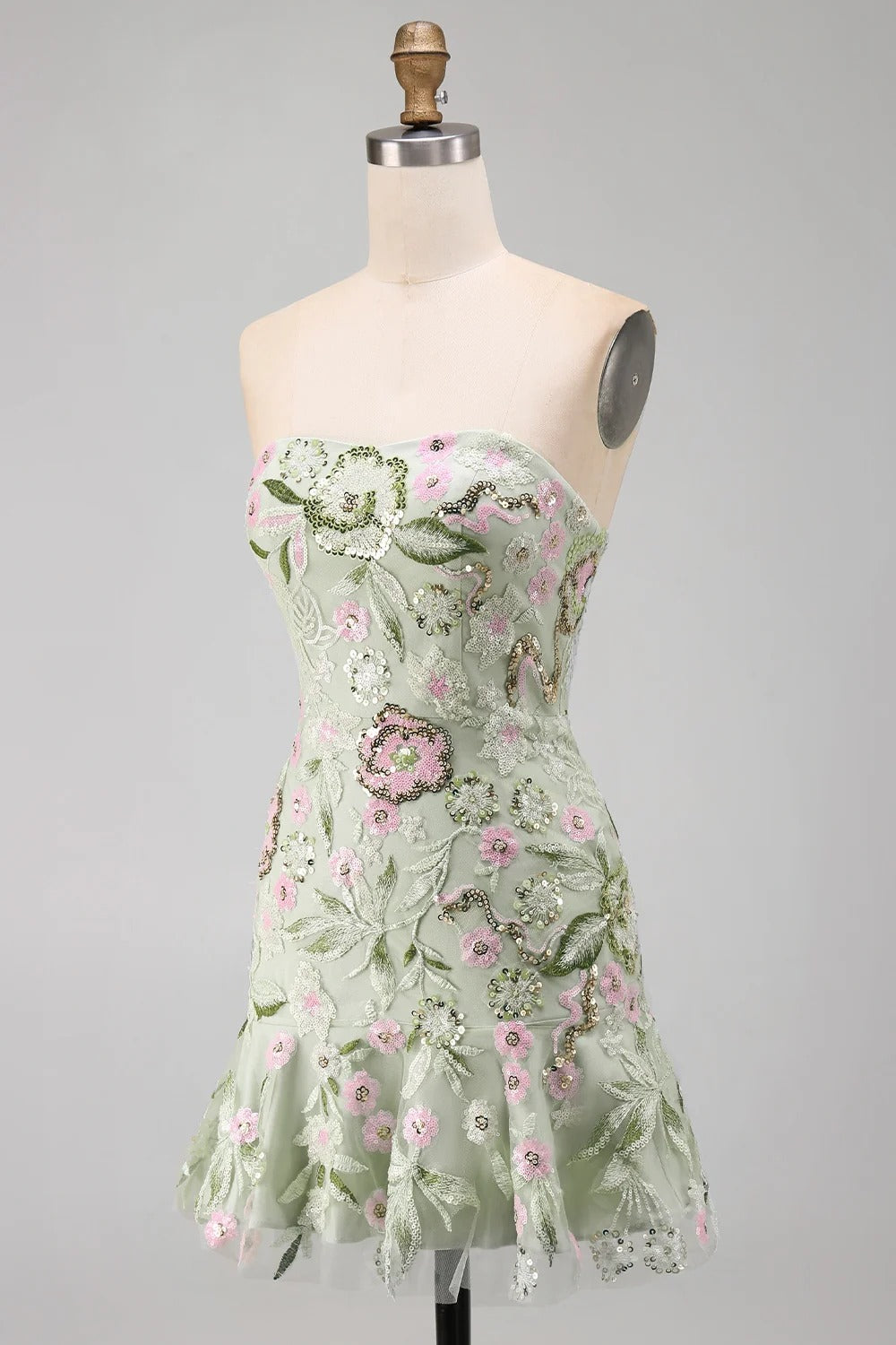 Sage Green Floral Short Strapless Homecoming Dress with Ruffles