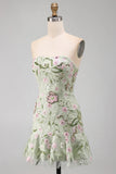 Sage Green Floral Short Strapless Homecoming Dress with Ruffles