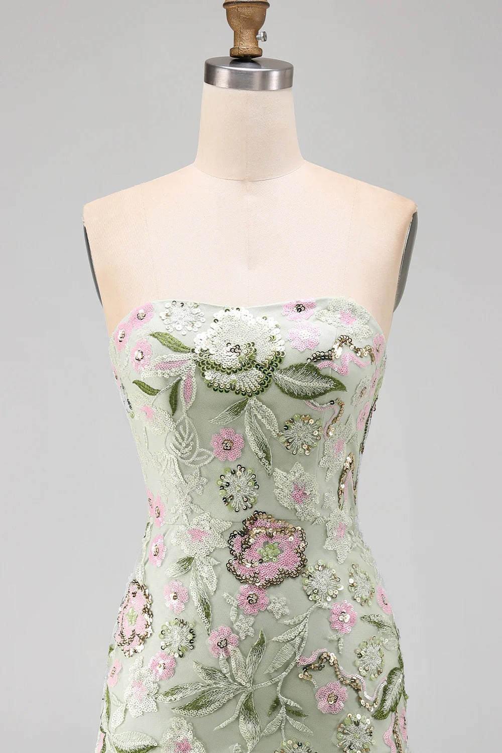 Sage Green Floral Short Strapless Homecoming Dress with Ruffles