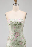 Sage Green Floral Short Strapless Homecoming Dress with Ruffles