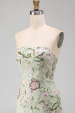 Sage Green Floral Short Strapless Homecoming Dress with Ruffles