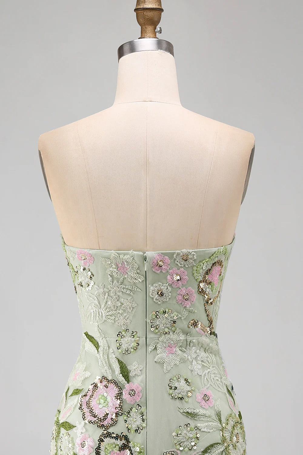 Sage Green Floral Short Strapless Homecoming Dress with Ruffles