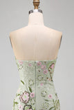 Sage Green Floral Short Strapless Homecoming Dress with Ruffles