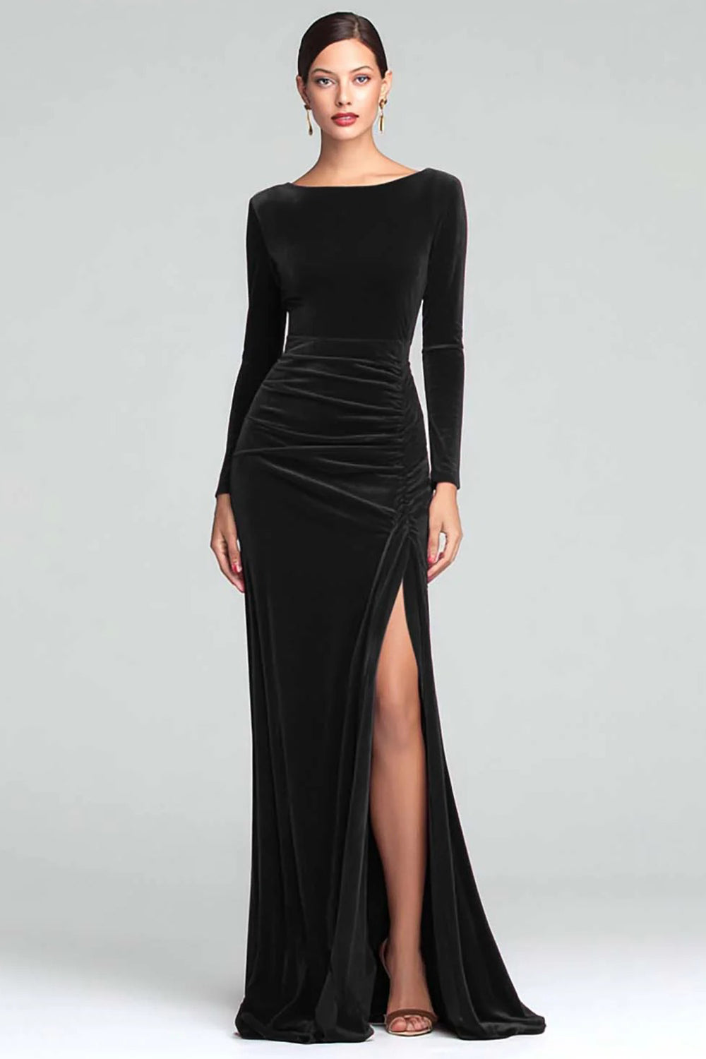 formal boat neck dresses Zapaka Women Burgundy Velvet Long Formal Dress with Sleeves Boat Neck Sheath Holiday Party Dress with Slit, Burgundy / US26W