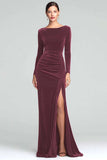 Burgundy Velvet Long Sleeves Holiday Party Dress Mermaid Boat Neck Ruched Formal Dress