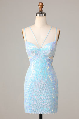 Sheath Blue Cut Out Short Homecoming Dress with Beading