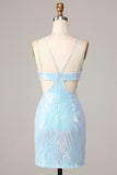 Sheath Blue Cut Out Short Homecoming Dress with Beading