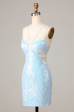 Sheath Blue Cut Out Short Homecoming Dress with Beading