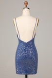 Dark Blue Bodycon Sparkly Embroidery Spaghetti Straps Homecoming Dress