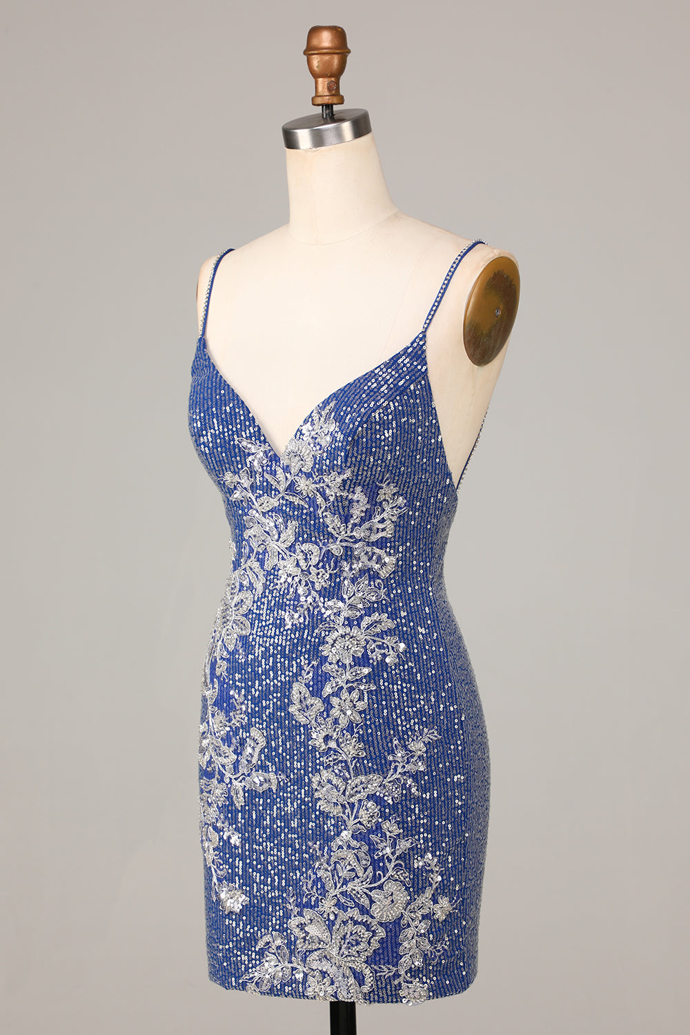 Dark Blue Bodycon Sparkly Embroidery Spaghetti Straps Homecoming Dress