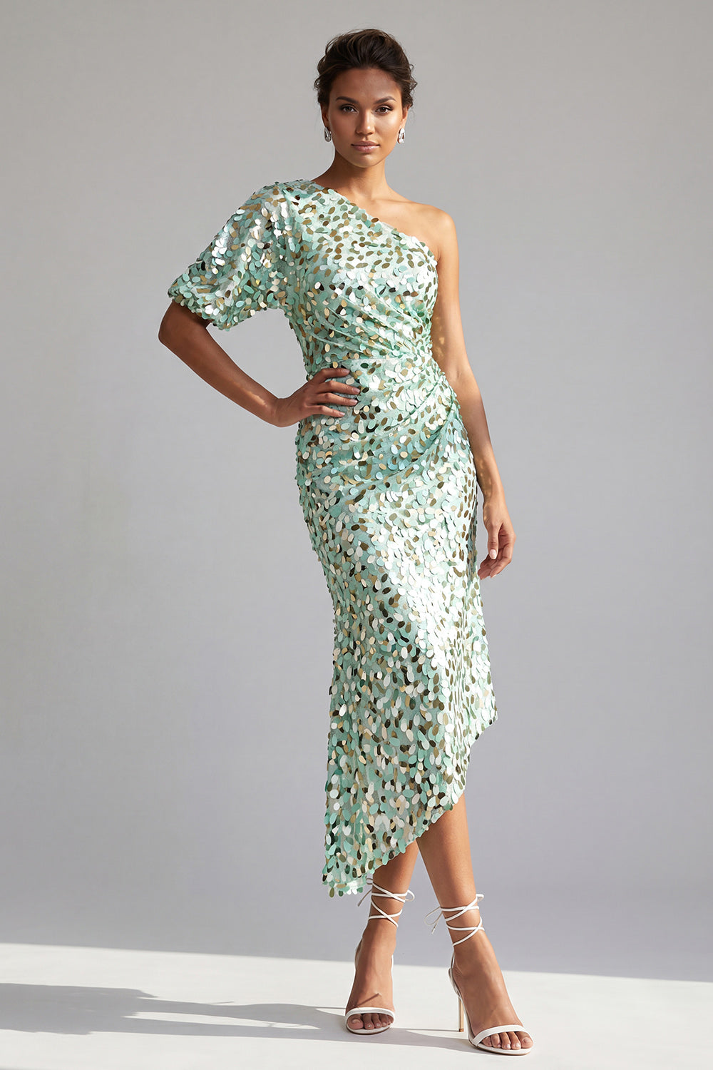 Green Sparkly Sequin Mermaid Asymmetrical Mother of the Bride Dress with Sleeve
