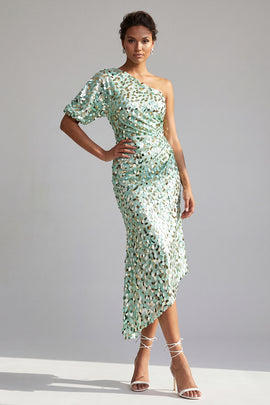 Green Sparkly Sequin Mermaid Asymmetrical Mother of the Bride Dress with Sleeve