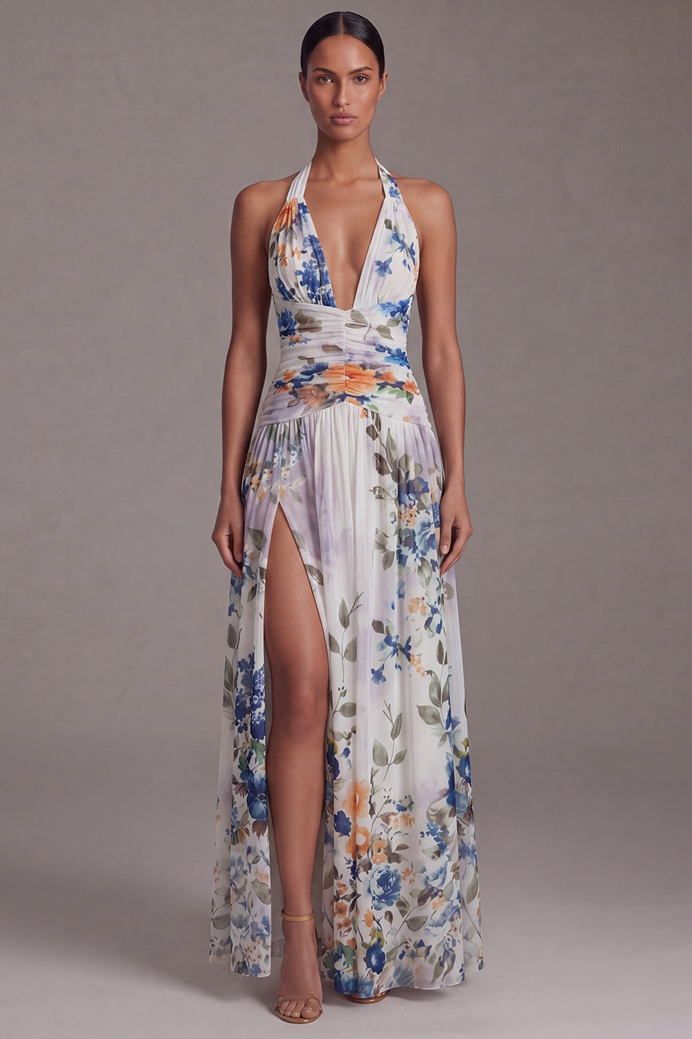Black A Line Floral Halter Maxi Beach Wedding Guest Dress with Slit