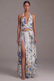 Black A Line Floral Halter Maxi Beach Wedding Guest Dress with Slit