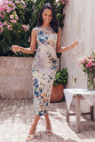 Bateau Neck Floral Maxi Bodycon Ruched Black Beach Wedding Guest Dress