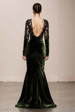 Dark Green V-Neck Velvet Mermaid Long Formal Dress with Lace