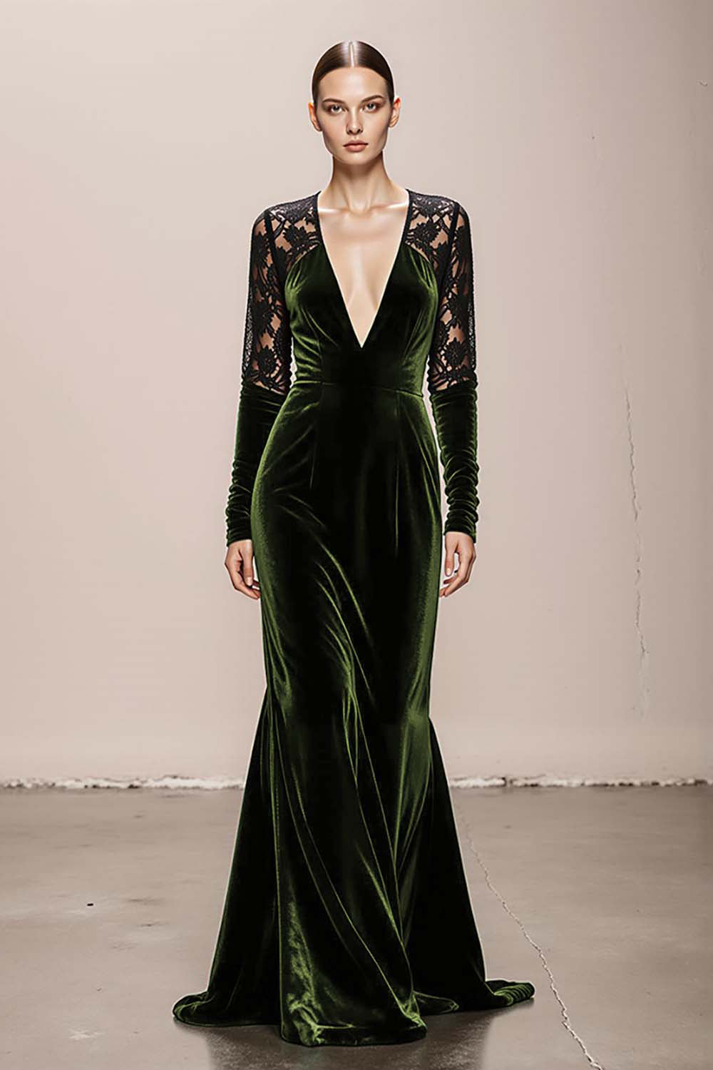 Zapakasa Women Dark Green Velvet Long Formal Dress with Lace V-Neck Mermaid Long Sleeves Holiday Party Dress Zapakasa Women Dark Green Velvet Long Formal Dress with Lace V-Neck Mermaid Long Sleeves Holiday Party Dress