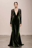 Dark Green V-Neck Velvet Mermaid Long Formal Dress with Lace
