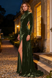 Navy Velvet High Neck Long Sleeves Holiday Party Dress with Slit