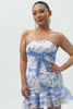 White Blue Flower Tight Strapless Short Homecoming Dress with Bow